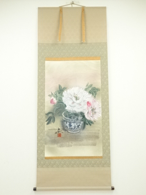 JAPANESE HANGING SCROLL / HAND PAINTED / FLOWERS